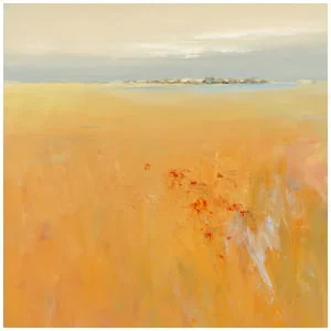 een abstract schilderij van geel gras en water