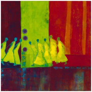 een abstract schilderij met gele en rode kleuren