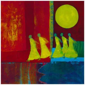 een abstract schilderij met gele en rode kleuren