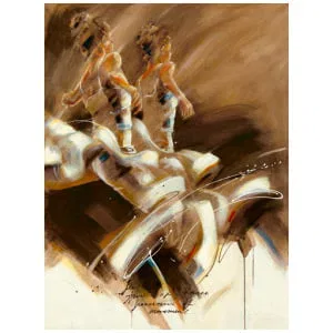 een schilderij van twee vrouwen die op een baan rennen