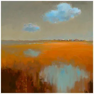een schilderij van een veld met water en lucht op de achtergrond