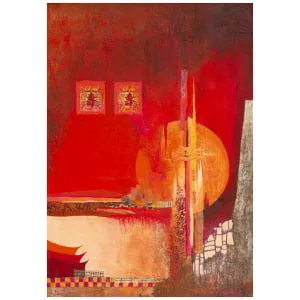 een abstract schilderij met rode en gele kleuren