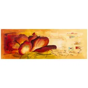 een schilderij van bloemen op een gele achtergrond