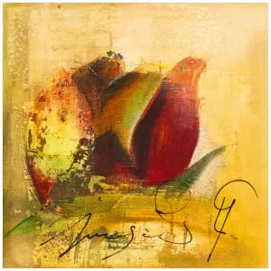 een schilderij van drie bloemen op een gele achtergrond