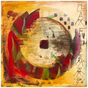 een abstract schilderij met rode, groene en gele kleuren