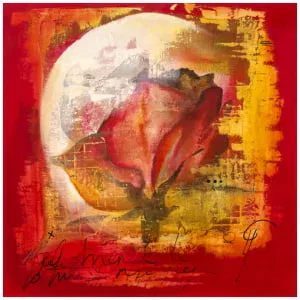 een schilderij van een rode roos op een rode achtergrond