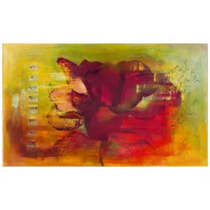 een abstract schilderij met rode en gele kleuren