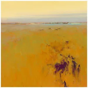 een abstract schilderij van geel en paars in een veld