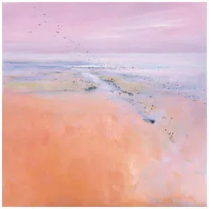 een abstract schilderij met roze en blauwe kleuren