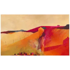 een abstract schilderij met oranje en rode kleuren