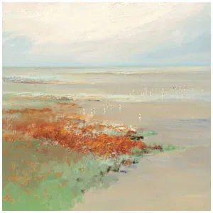 een schilderij van een strand met vogels die in de lucht vliegen