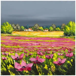 een schilderij van bloemen in een veld