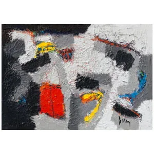 een abstract schilderij van een koe met rode, gele en blauwe kleuren