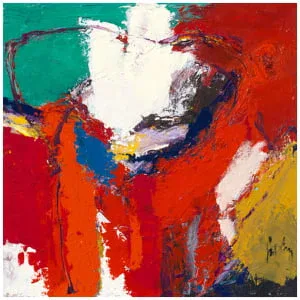 een abstract schilderij met rode, gele en blauwe kleuren