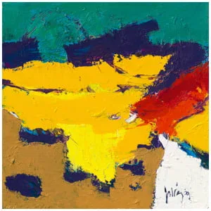 een abstract schilderij met gele, rode en blauwe kleuren