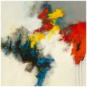 een abstract schilderij van een voetballer met rode, gele en blauwe kleuren