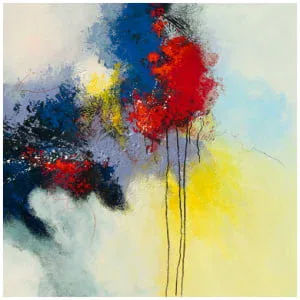 een abstract schilderij met rode, gele en blauwe kleuren