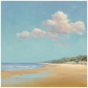 een olieverfschilderij van een strand met wolken aan de hemel