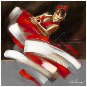 een schilderij van een vrouw in een rood-witte stoel