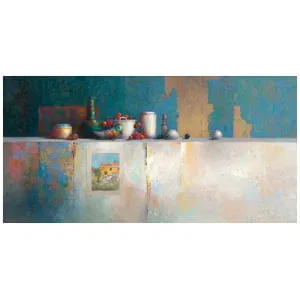 een schilderij van een plank met vazen ​​en andere spullen erop