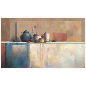 een schilderij van potten en vazen ​​op een tafel