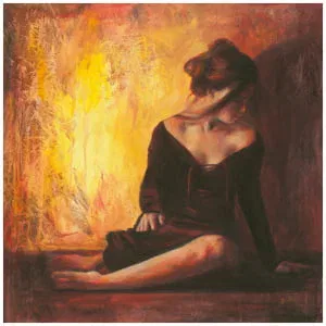 een schilderij van een vrouw die op de grond zit