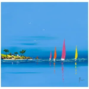 een schilderij van zeilboten in het water