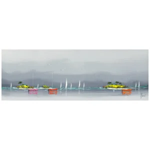 een schilderij van boten die in het water drijven