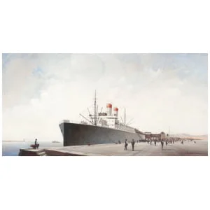 een schilderij van een groot schip dat aan een pier ligt