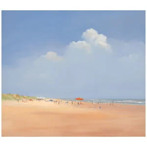 een schilderij van mensen die op het strand lopen