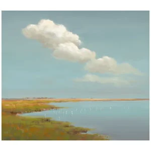 een schilderij van een moerassig gebied met water en wolken