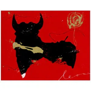 een schilderij van een stier op een rode achtergrond