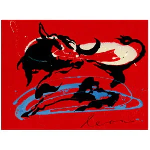 een rood schilderij met zwarte en blauwe motieven erop