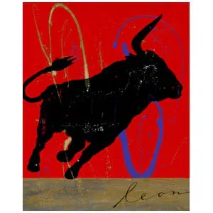 een schilderij van een stier die op een rode achtergrond rent