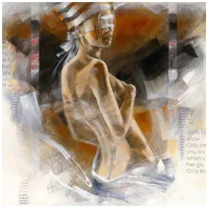 een schilderij van een naakte vrouw met woorden erop