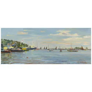 een schilderij van boten in het water