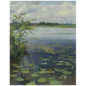 een schilderij van waterlelies en riet in een meer