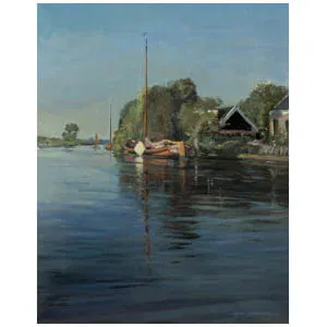 een schilderij van boten op het water met huizen op de achtergrond