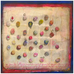 een schilderij met veel verschillende gekleurde ballen erop