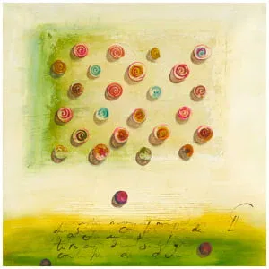 een abstract schilderij met cirkels en woorden erop