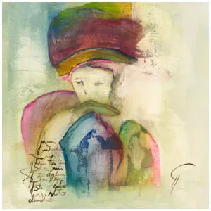 een abstract schilderij van een vrouw met een kleurrijke hoed