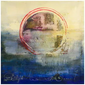 een abstract schilderij met rode en blauwe kleuren