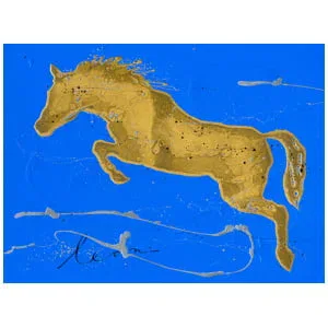 een schilderij van een gouden paard op een blauwe achtergrond
