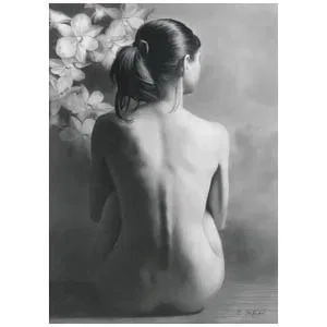 een naakte vrouw die voor bloemen zit