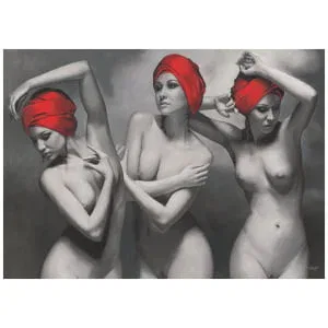 drie naakte vrouwen met rode hoofddoek en één zonder