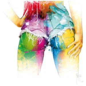 een schilderij van een vrouwenkont met verfspatten erop