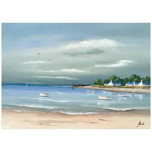 een schilderij van boten in het water op een strand