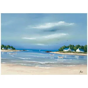 een schilderij van boten in het water op een strand