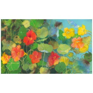 een schilderij van bloemen en bladeren op een blauwe achtergrond