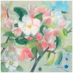 een schilderij van roze en witte bloemen met groene bladeren